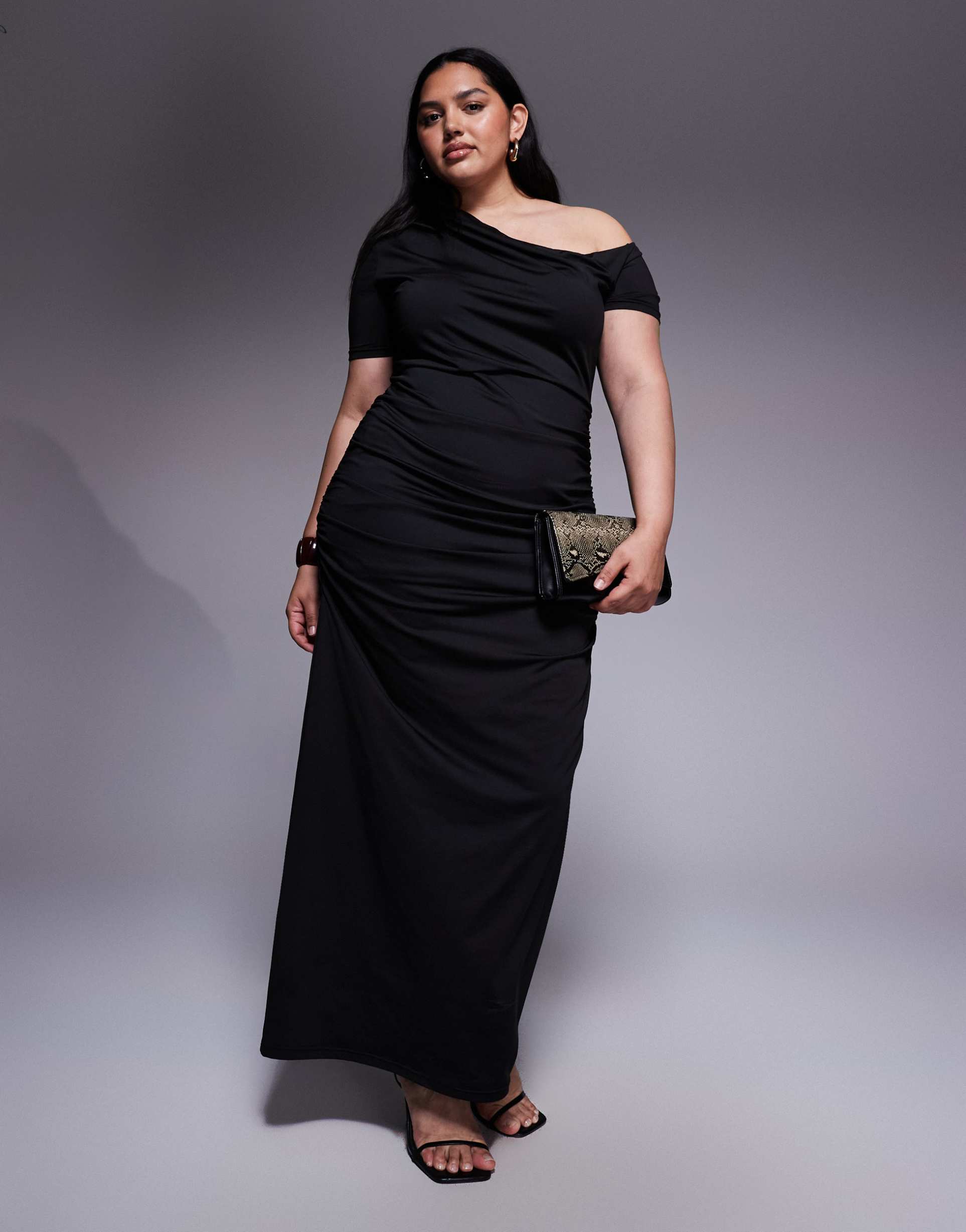 renee studio double sculpted slinky asymmetric shoulder ruched drape detail maxi dress in black
