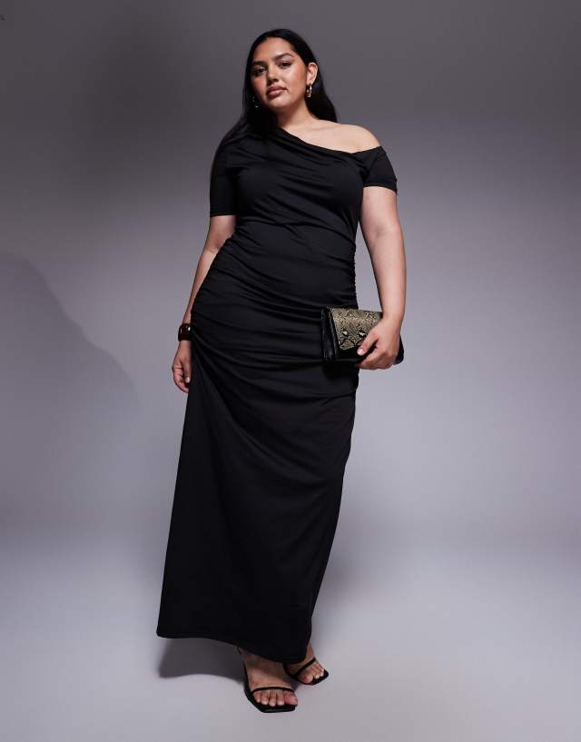 black ruched asymmetric maxi dress with drape Renee Studio double sculpted slinky shoulder detail in Tight Backless Long Formal Light Blue Homecoming Dress Variant:Small The Oh Polly asymmetric