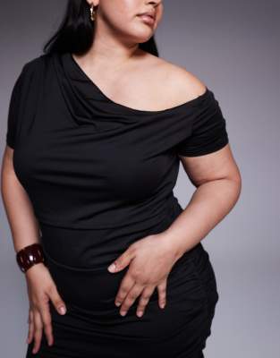 Renee Studio Double Sculpted Slinky Asymmetric Shoulder Ruched Drape Detail Maxi Dress In Black