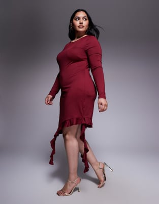 Renee Studio Renee Studio double sculpted slinky long sleeve asymmetric frill hem drape detail mini dress in burgundy-Red