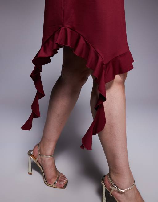 Renee Studio double sculpted slinky long sleeve asymmetric ruffle hem drape detail mini dress in burgundy, 2 of 4