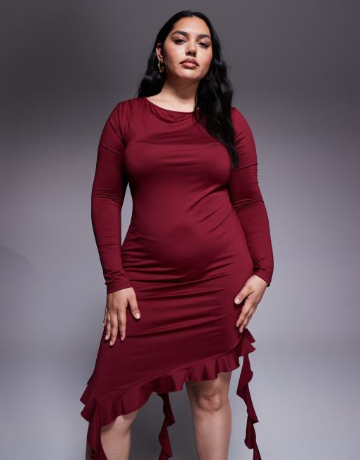 Renee Studio double sculpted slinky long sleeve asymmetric ruffle hem drape detail mini dress in burgundy, 3 of 4