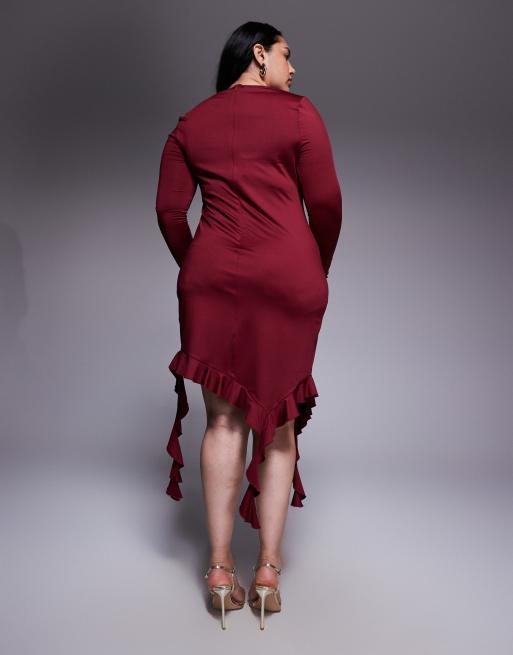 Renee Studio double sculpted slinky long sleeve asymmetric ruffle hem drape detail mini dress in burgundy, 4 of 4