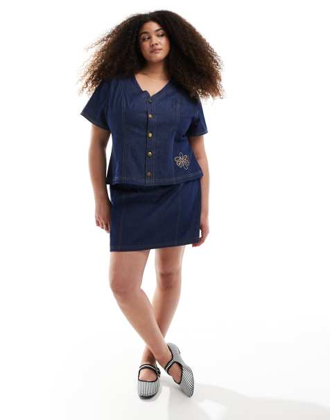 Renee Studio exclusive denim button front short sleeve top and mini skirt set in darkwash blue - view 1