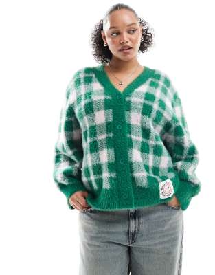 exclusive fluffy button through logo patch cardigan in green check-Multi