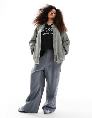 exclusive high waisted logo embroidered wide leg pants in gray