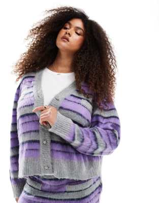 exclusive knitted diamante star button detail cardigan in brushed purple stripe - part of a set-Multi