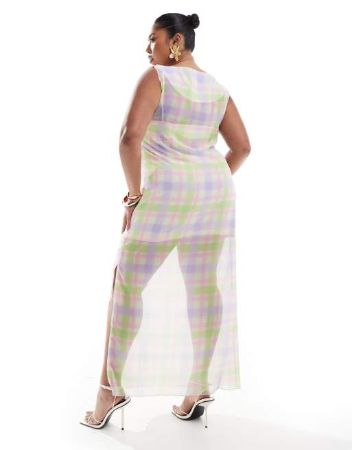 Renee Studio Exclusive mesh cowl neck sleeveless sheer hem midi dress in green check, 3 of 4