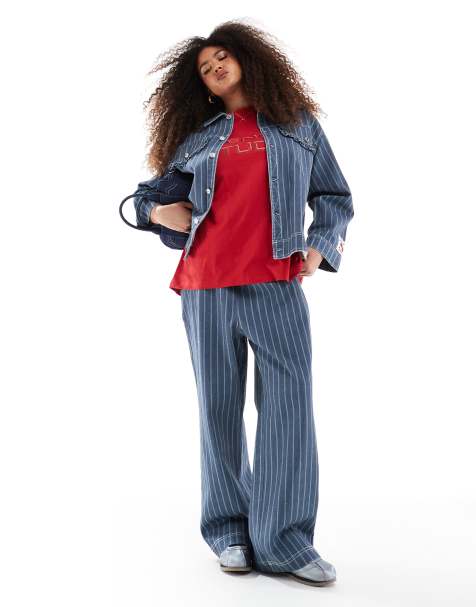 Renee Studio exclusive oversized ruffle pocket detail jacket and wide leg trousers co-ord in blue stripe - view 1