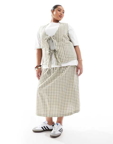 Renee Studio exclusive reversible tie front gilet & maxi skirt co-ord in green gingham - view 1