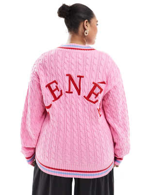 RENEE STUDIO PLUS EXCLUSIVE V NECK CABLE KNIT EMBROIDERED LOGO SWEATER 