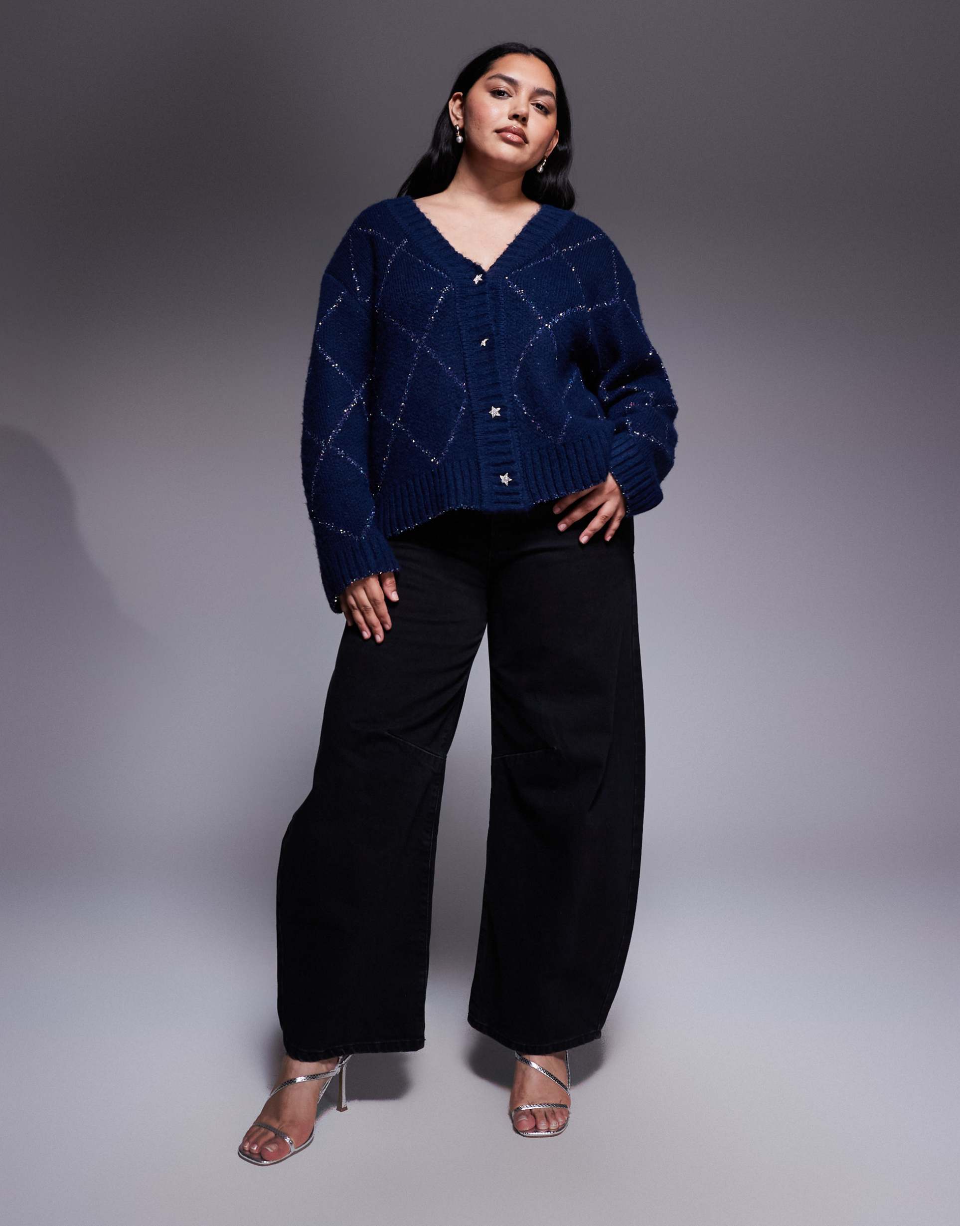 renee studio fluffy knit tinsel argyle detail star button cardigan in navy