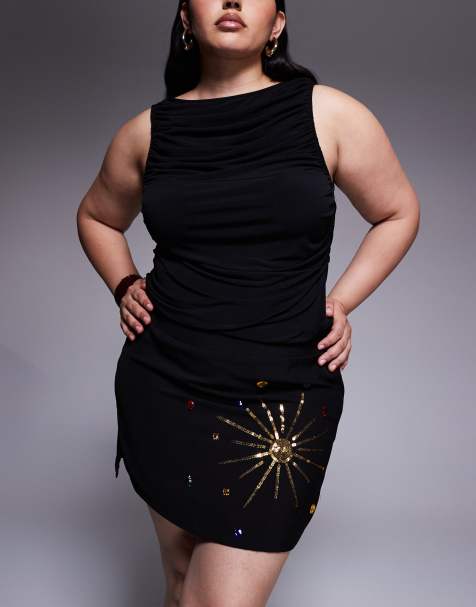 Renee Studio - Fluwelen mini rok met zijsplit en hemels motief met lovertjes en siersteentjes in zwart - view 1