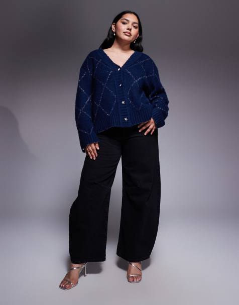 Renee Studio – Marinblå, fluffigt stickad kofta med glitter, argylemönster och stjärnformade knappar - view 1