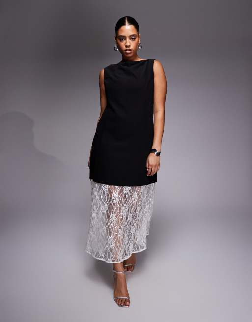 Renee Studio - Maxi jurk met structuur en contrasterende doorschijnende kanten zoom in zwart en wit