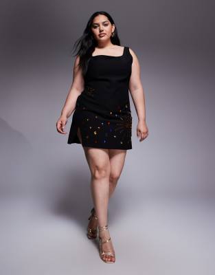 Renée Studio - Minikleid aus Samt in Schwarz mit eckigem Ausschnitt und Himmelskörperverzierung aus Pailletten und Schmu...