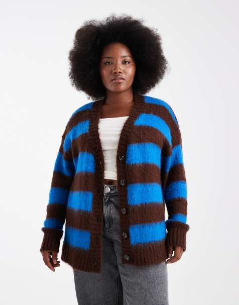 Renee Studio Plus - Blå og chokoladebrun lodden cardigan med V-hals og striber - view 1