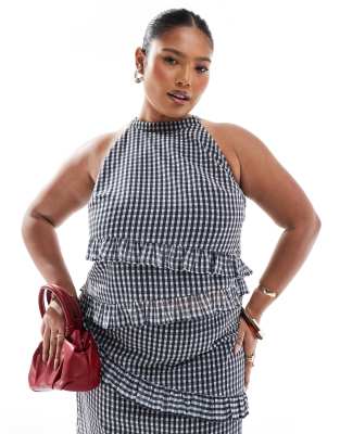 Renee Studio Renee Studio Plus exclusive asymmetric ruffle sleeveless halterneck top co-ord in grey check-Multi