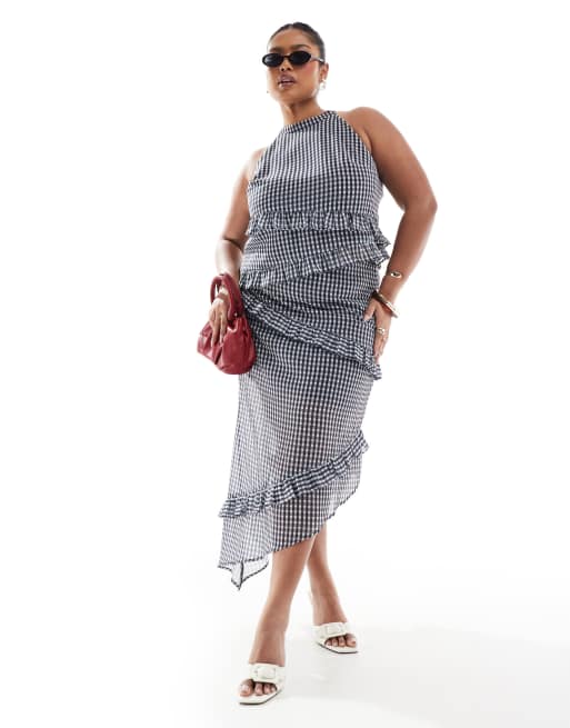 Renee Studio Plus exclusive asymmetric ruffle sleeveless halterneck top in gray plaid - part of a set  , 2 of 4