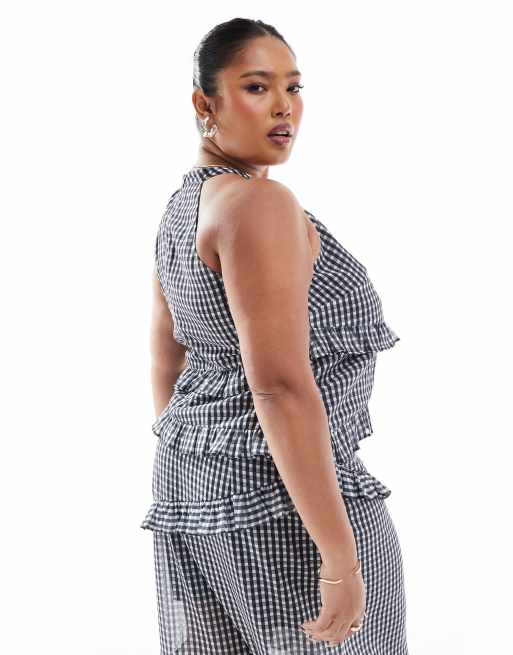 Renee Studio Plus exclusive asymmetric ruffle sleeveless halterneck top in gray plaid - part of a set  , 4 of 4