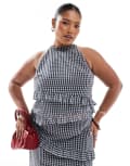 [Renee Studio] Renee Studio Plus exclusive asymmetric ruffle sleeveless halterneck top in grey check (part of a set)-Multi 20 CHECK