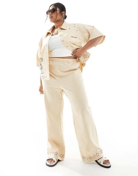 Renee Studio Plus exclusive wide leg linen blend trouser with embroidered trim detail co-ord in beige  