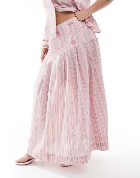 Renee Studio Plus exclusive bow side pleated hotfix detail midi skirt co-ord in pink stripe - view 1