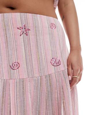 Renee Studio Plus Exclusive Bow Side Pleated Hotfix Detail Midi Skirt