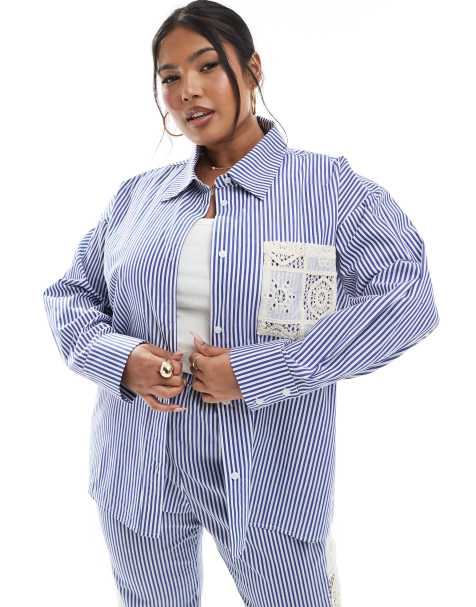 Renee Studio Plus exclusive button through tie back crochet detail shirt in blue and white stripe (part of a set) - view 1