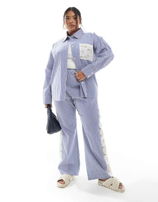 Renee Studio Plus Exclusive button through tie back crochet detail shirt in blue and white stripe - part of a set, 2 of 4
