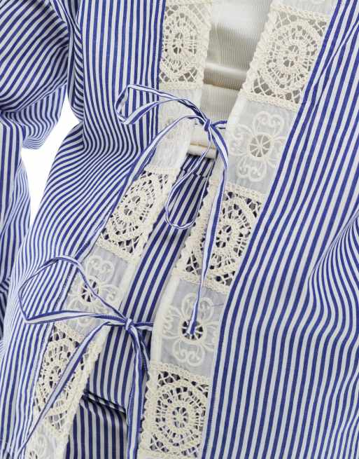 Renee Studio Plus Exclusive button through tie back crochet detail shirt in blue and white stripe - part of a set, 3 of 4