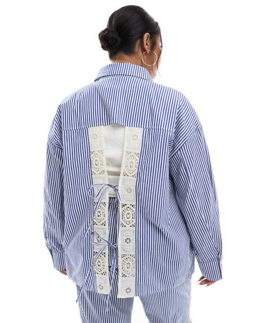Renee Studio Plus Exclusive button through tie back crochet detail shirt in blue and white stripe - part of a set, 4 of 4