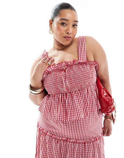 Renee Studio Plus exclusive cherry bow detail shirred top in red gingham (part of a set) - view 1