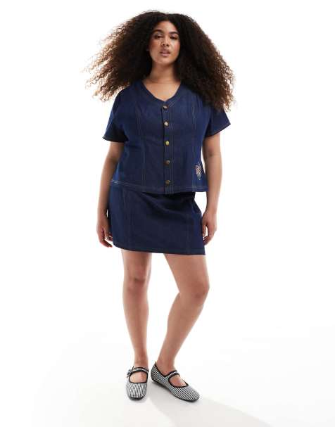 Renee Studio Plus exclusive denim mini skirt co-ord in dark wash blue  
