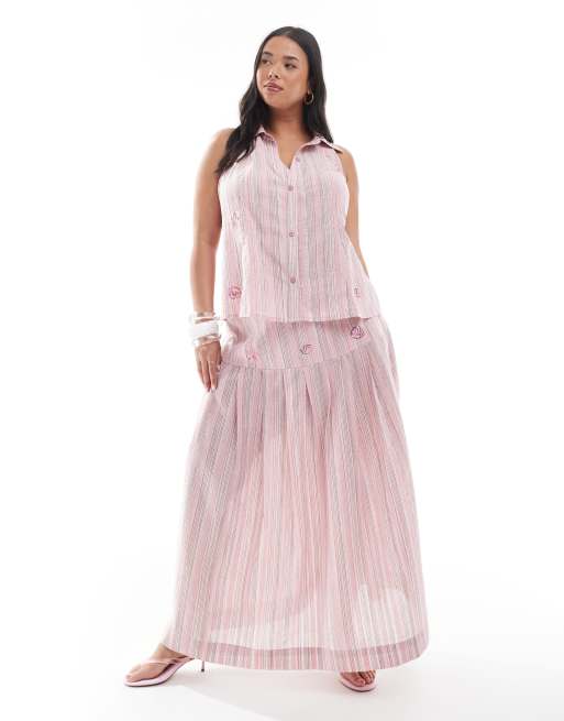 Renee Studio Plus exclusive collared button front halter sequin detail top and pleated hotfix detail maxi skirt	co-ord