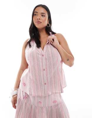 Renee Studio Renee Studio Plus exclusive collared button front halter sequin detail top co-ord in pink stripe