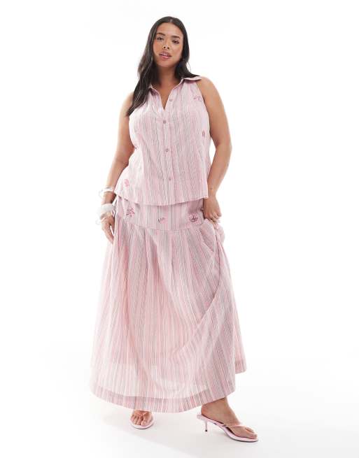 Renee Studio Plus Exclusive collared button front halter sequin detail top in pink stripe - part of a set, 2 of 4