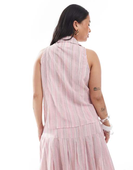 Renee Studio Plus Exclusive collared button front halter sequin detail top in pink stripe - part of a set, 4 of 4