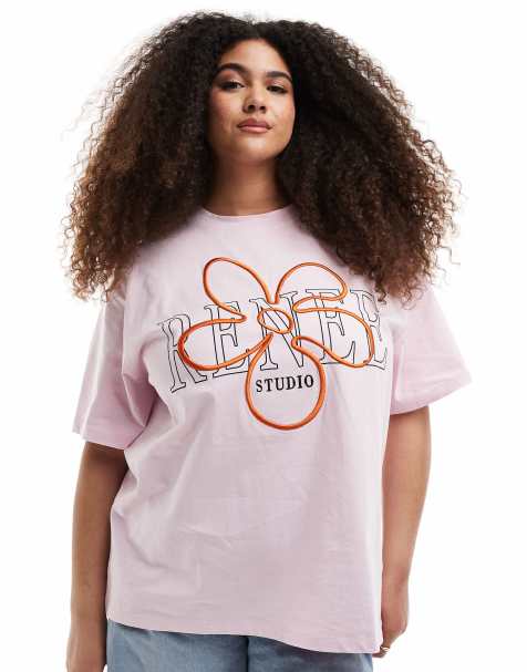 Renee Studio Plus exclusive crew neck embroidered flower logo t-shirt in pink - view 1