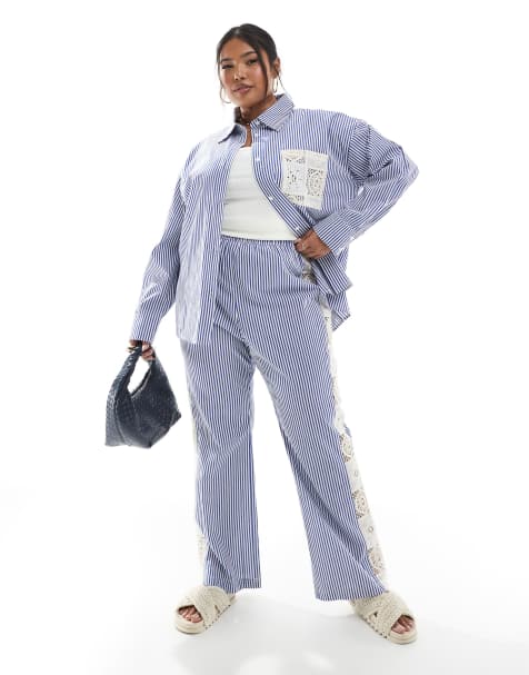 Renee Studio Plus exclusive crochet side panel wide leg trousers co-ord in blue and white stripe - view 1