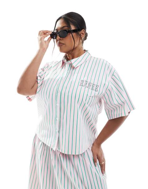 Renee Studio Plus exclusive cropped button down shirt co-ord in pink and green stripe - view 1