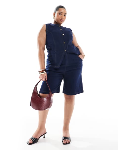 Renee Studio Plus exclusive denim longline shorts co-ord in dark wash denim  