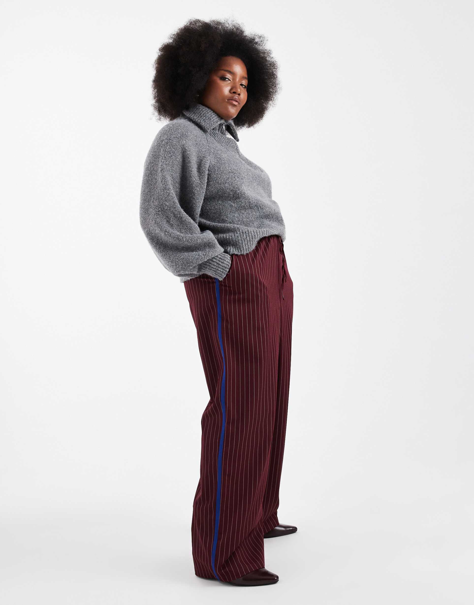 renee studio plus exclusive drawstring waist wide leg side stripe pants in burgundy pinstripe