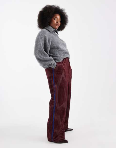 Renee Studio Plus exclusive drawstring waist wide leg side stripe trousers in burgundy pinstripe