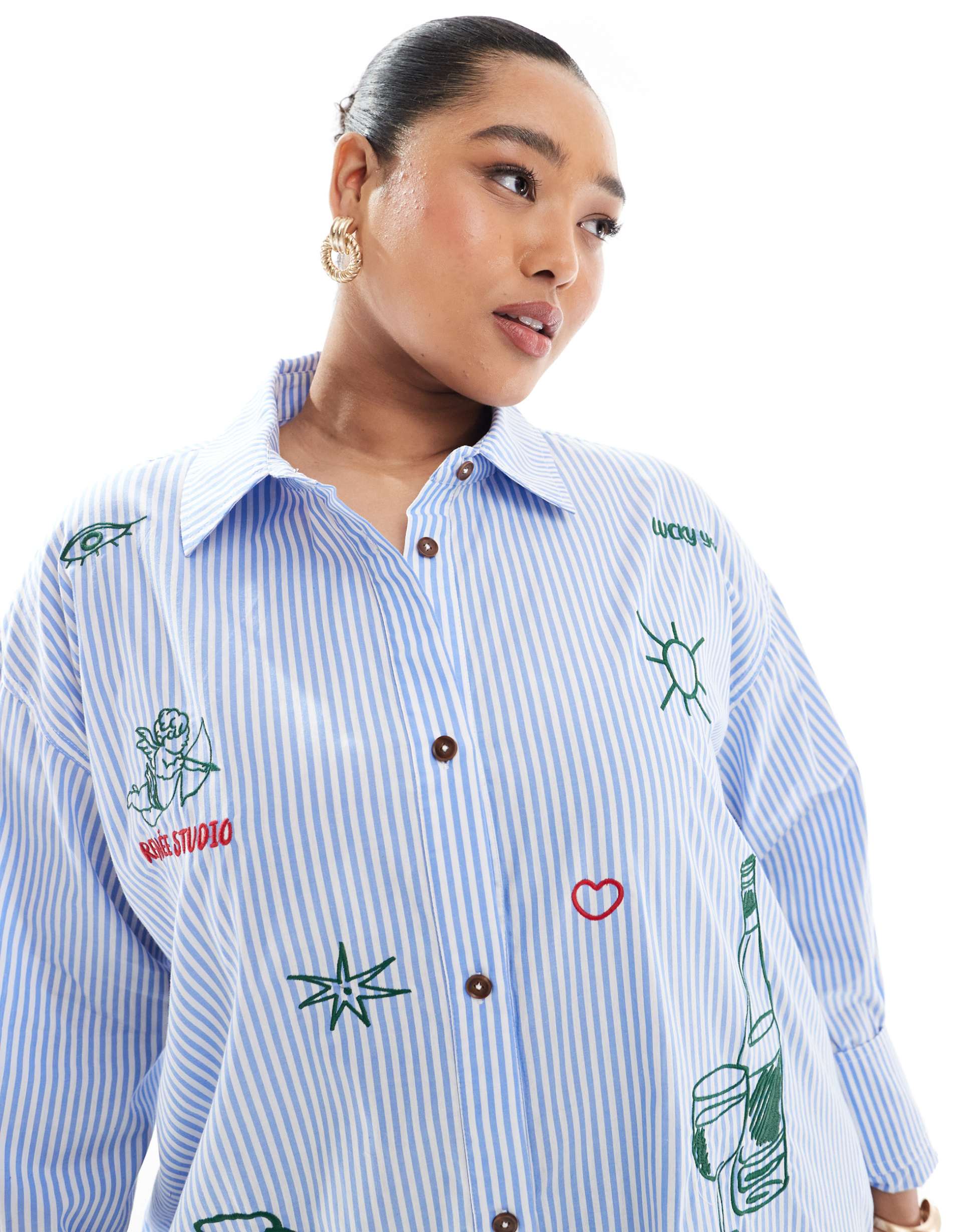 renee studio plus exclusive embroidered detail shirt in blue stripe