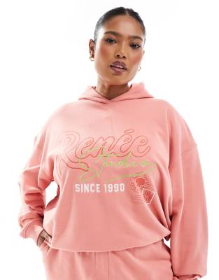 Renee Studio Renee Studio Plus exclusive embroidered logo graphic hoodie co-ord in peach-Orange