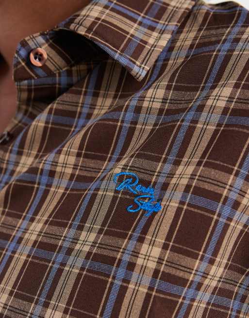 Renee Studio Plus exclusive embroidered logo wide cuff shirt in brown check, 4 of 4