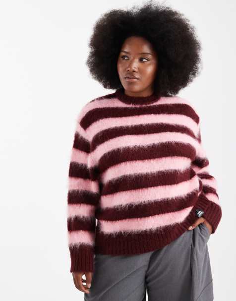 Renee Studio Plus exclusive fluffy crew neck jumper in pink and burgundy stripe - view 1
