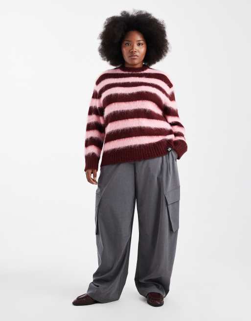Renee Studio Plus exclusive fluffy crew neck jumper in pink and burgundy stripe, 2 of 4