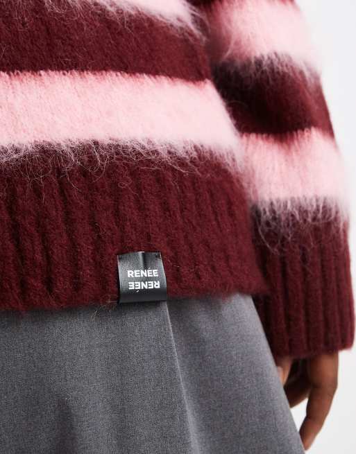 Renee Studio Plus exclusive fluffy crew neck jumper in pink and burgundy stripe, 3 of 4